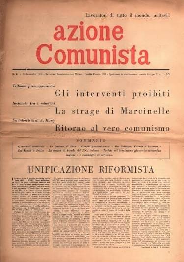 Prima pagina di Azione comunista, 15 settembre 1956, con il lancio dell inchiesta di Giulio Seniga su Marcinelle